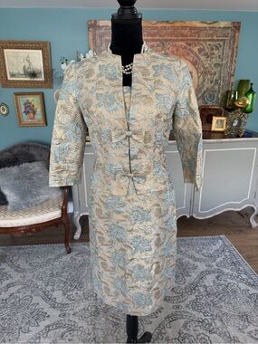 MCM Gold & Blue Lame Brocade Dress & Jacket